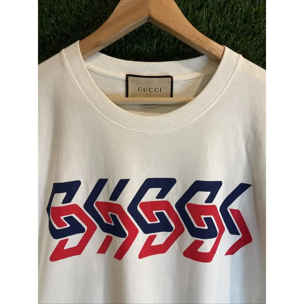Gucci Cotton Jersey Mirror Logo Print T-Shirt Ivory Size S Authentic